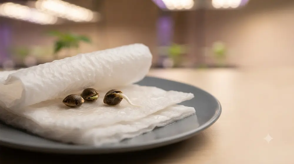 Cannabis seedling sprouting from paper towel